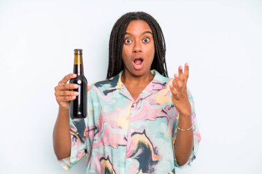 black pretty woman feeling extremely shocked and surprised beer and holidays concept