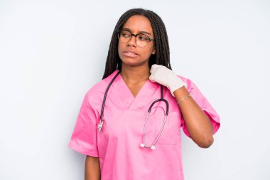 black pretty woman feeling stressed, anxious, tired and frustrated. nurse concept
