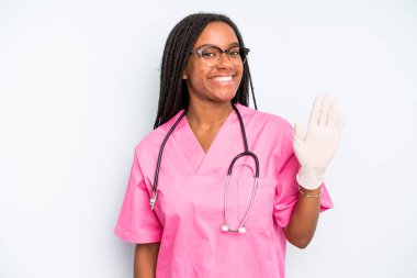 black pretty woman feeling confused and puzzled, showing you are insane. nurse concept