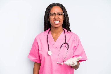 black pretty woman looking angry, annoyed and frustrated. nurse concept