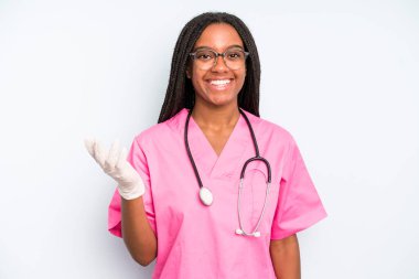 black pretty woman feeling happy, surprised realizing a solution or idea. nurse concept