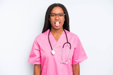 black pretty woman feeling disgusted and irritated and tongue out. nurse concept