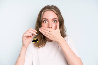 caucasian pretty woman covering mouth with hands with a shocked. new car concept