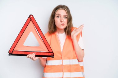caucasian pretty woman feeling puzzled and confused and doubting. car emergency concept
