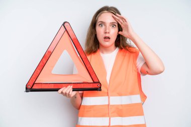 caucasian pretty woman looking happy, astonished and surprised. car emergency concept