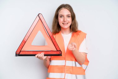 caucasian pretty woman smiling happily with friendly and  offering and showing a concept. car emergency concept