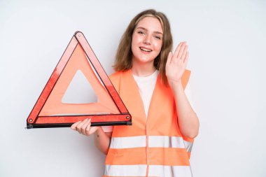 caucasian pretty woman smiling happily, waving hand, welcoming and greeting you. car emergency concept