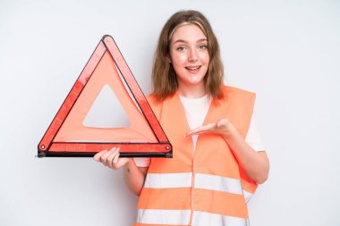 caucasian pretty woman smiling cheerfully, feeling happy and showing a concept. car emergency concept