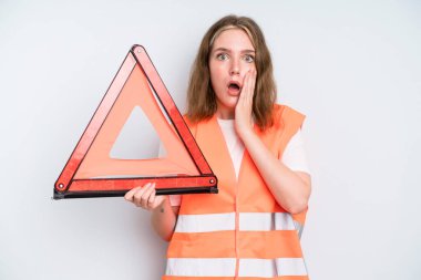 caucasian pretty woman feeling shocked and scared. car emergency concept