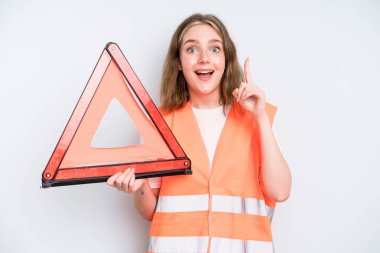 caucasian pretty woman feeling like a happy and excited genius after realizing an idea. car emergency concept