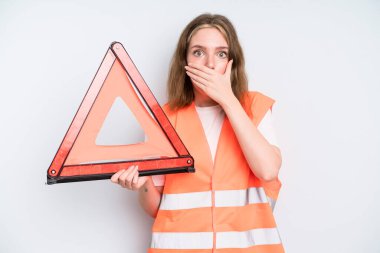 caucasian pretty woman covering mouth with hands with a shocked. car emergency concept