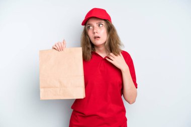 caucasian pretty woman feeling stressed, anxious, tired and frustrated. delivery and take away concept