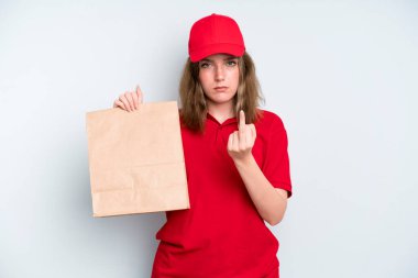 caucasian pretty woman feeling angry, annoyed, rebellious and aggressive. delivery and take away concept