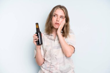 caucasian pretty woman feeling bored, frustrated and sleepy after a tiresome. beer concept