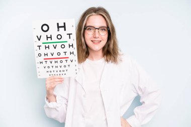 caucasian pretty woman feeling like a happy and excited genius after realizing an idea. optical vision test concept