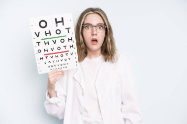 caucasian pretty woman feeling happy and astonished at something unbelievable. optical vision test concept