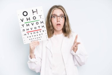 caucasian pretty woman looking angry, annoyed and frustrated. optical vision test concept