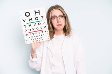 caucasian pretty woman looking surprised, realizing a new thought, idea or concept. optical vision test concept