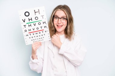 caucasian pretty woman looking desperate, frustrated and stressed. optical vision test concept