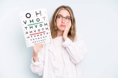 caucasian pretty woman feeling happy and facing a challenge or celebrating. optical vision test concept