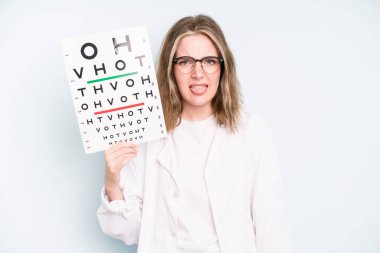 caucasian pretty woman feeling puzzled and confused. optical vision test concept