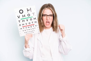 caucasian pretty woman feeling happy, excited and surprised. optical vision test concept