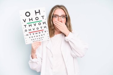 caucasian pretty woman feeling extremely shocked and surprised. optical vision test concept