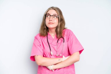 caucasian pretty woman feeling stressed, anxious, tired and frustrated. nurse concept