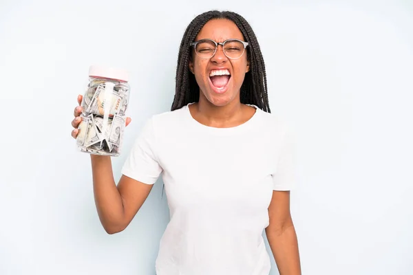 Black Pretty Woman Shouting Aggressively Looking Very Angry Savings Concept —  Fotos de Stock