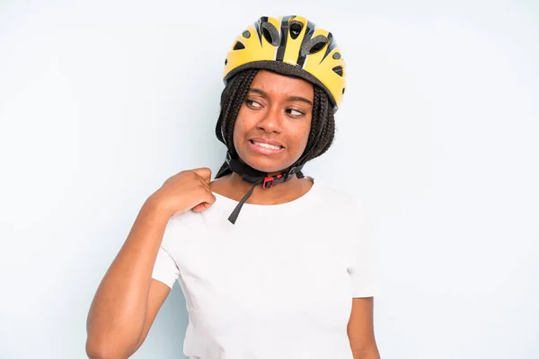 Black Pretty Woman Feeling Stressed Anxious Tired Frustrated Bike Helmet — Zdjęcie stockowe
