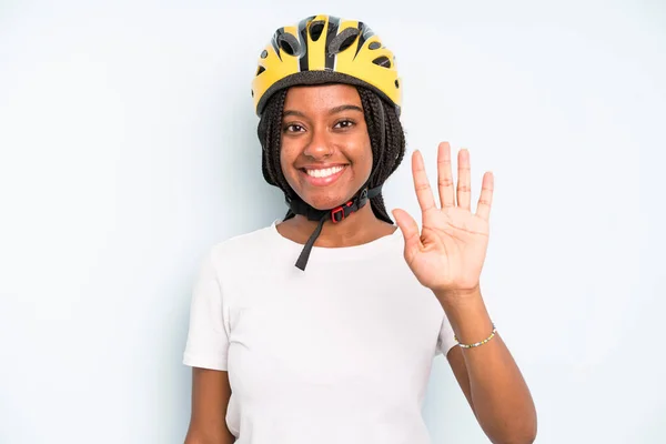 Black Pretty Woman Feeling Happy Facing Challenge Celebrating Bike Helmet Stock Photo kues 603970470