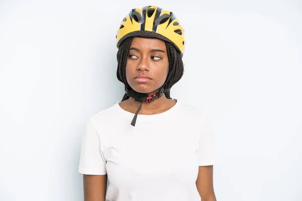 Black Pretty Woman Profile View Thinking Imagining Daydreaming Bike Helmet — Zdjęcie stockowe