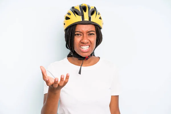 Black Pretty Woman Looking Angry Annoyed Frustrated Bike Helmet Concept — Zdjęcie stockowe
