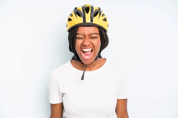 Black Pretty Woman Shouting Aggressively Looking Very Angry Bike Helmet — Zdjęcie stockowe
