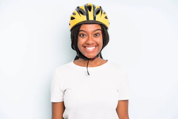 Black Pretty Woman Looking Happy Pleasantly Surprised Bike Helmet Concept — Zdjęcie stockowe