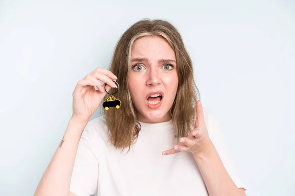 Caucasian Pretty Woman Looking Angry Annoyed Frustrated New Car Concept — Stock Photo, Image