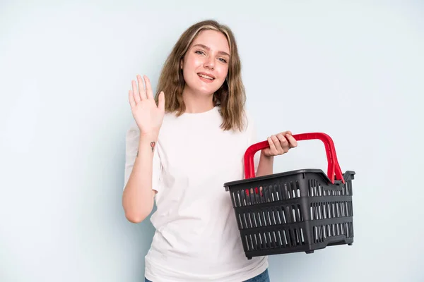 Caucasian Pretty Woman Smiling Happily Waving Hand Welcoming Greeting You — 스톡 사진