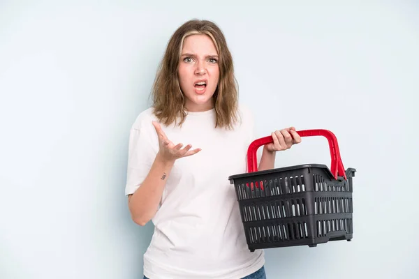 Caucasian Pretty Woman Looking Angry Annoyed Frustrated Empty Shopping Basket — Foto Stock