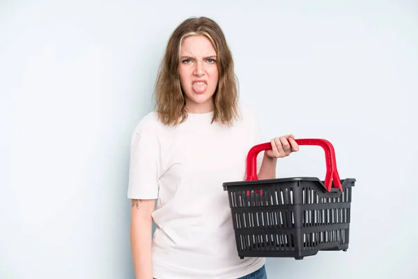 Caucasian Pretty Woman Feeling Disgusted Irritated Tongue Out Empty Shopping — Foto Stock