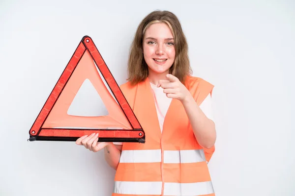 Caucasian Pretty Woman Pointing Camera Choosing You Car Emergency Concept — Stockfoto