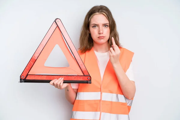Caucasian Pretty Woman Feeling Angry Annoyed Rebellious Aggressive Car Emergency — Stockfoto