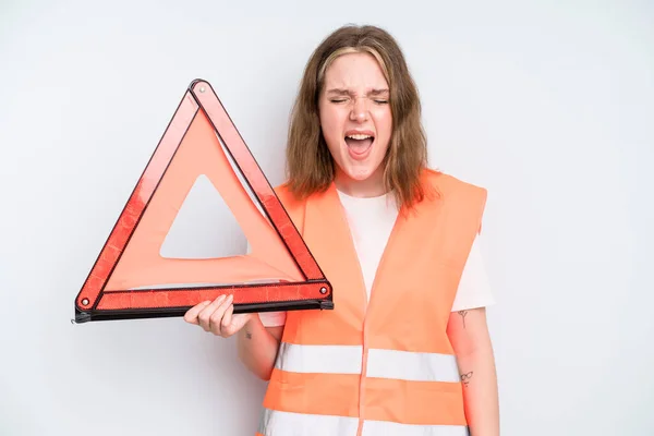 Caucasian Pretty Woman Shouting Aggressively Looking Very Angry Car Emergency — Stockfoto