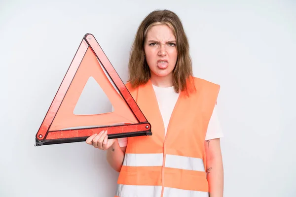 Caucasian Pretty Woman Feeling Disgusted Irritated Tongue Out Car Emergency — Stockfoto