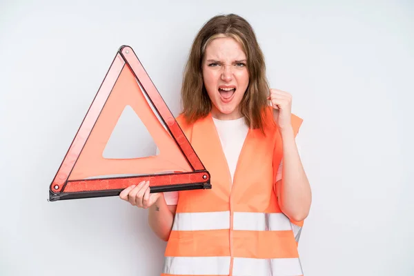 Caucasian Pretty Woman Shouting Aggressively Angry Expression Car Emergency Concept — Foto de Stock