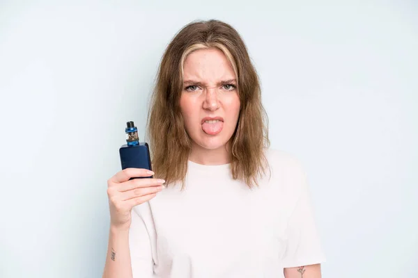 Caucasian Pretty Woman Feeling Disgusted Irritated Tongue Out Smoker Vaper — Stock Photo, Image