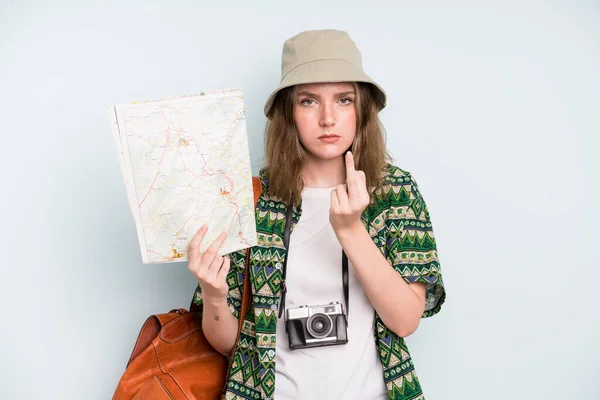 Caucasian Pretty Woman Feeling Angry Annoyed Rebellious Aggressive Backpacker Tourist — Stockfoto