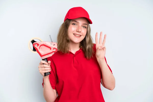 Caucasian Pretty Woman Smiling Looking Friendly Showing Number Three Employee — Zdjęcie stockowe