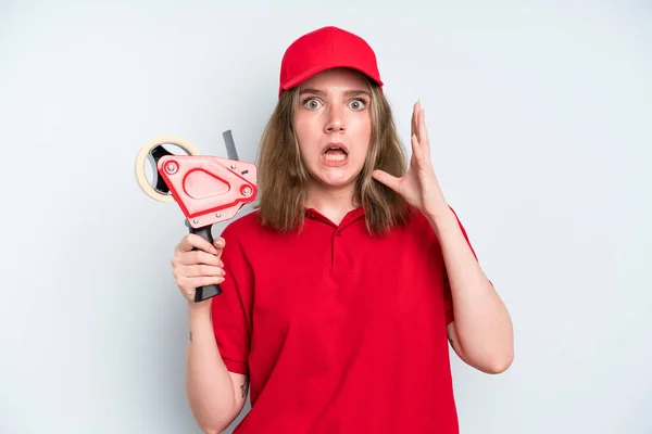 Caucasian Pretty Woman Screaming Hands Air Employee Concept — Stockfoto