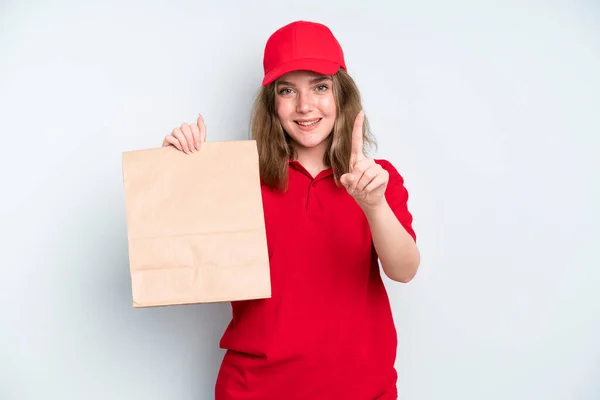 Caucasian Pretty Woman Smiling Proudly Confidently Making Number One Delivery — Fotografia de Stock