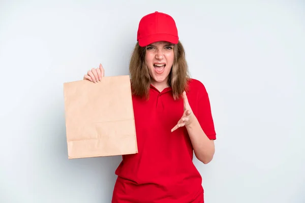 Caucasian Pretty Woman Looking Angry Annoyed Frustrated Delivery Take Away — Stockfoto